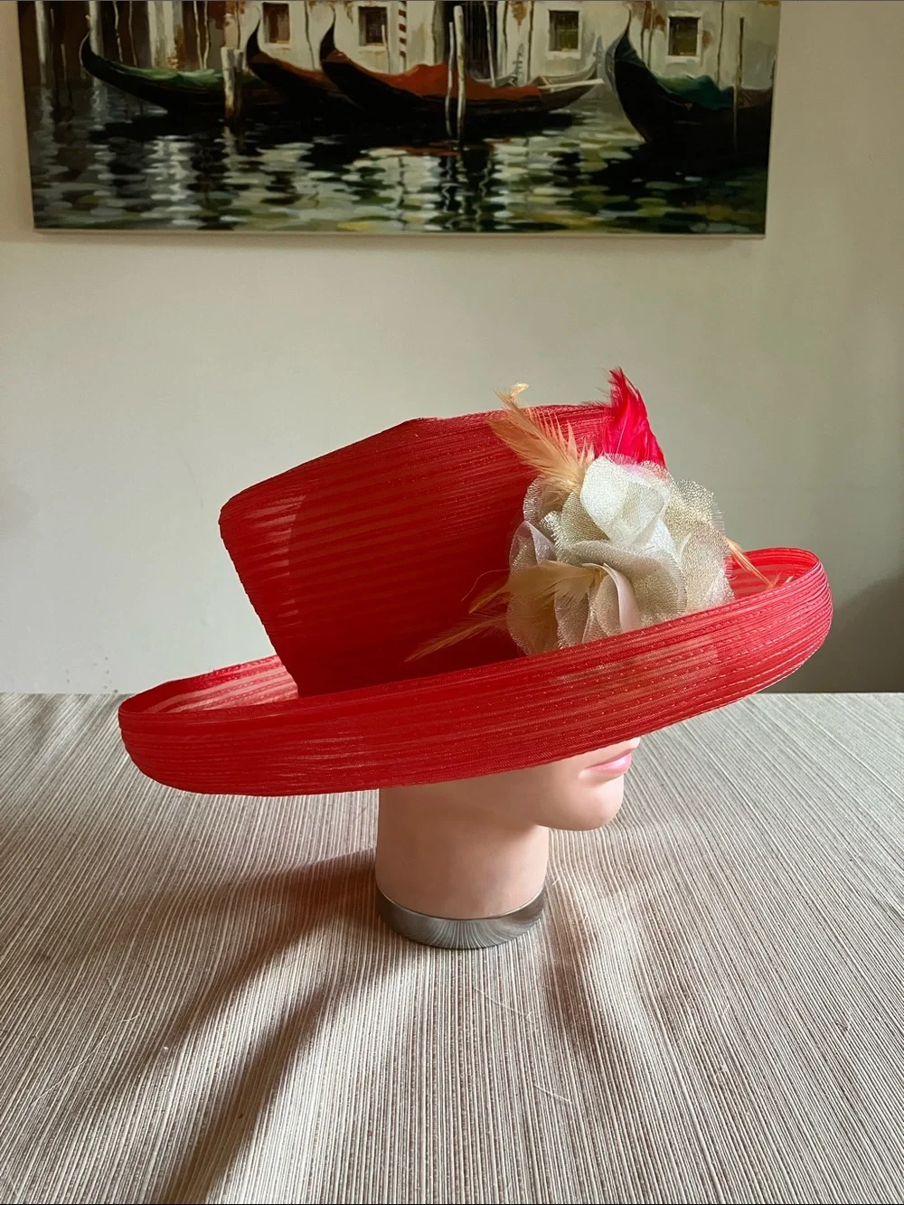 Elegant Women's Wide-Brim Hat with Feather and Flower Accent